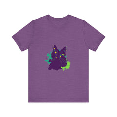Vibrant purple cat mystery t-shirt featuring an abstract design for a unique and eye-catching look