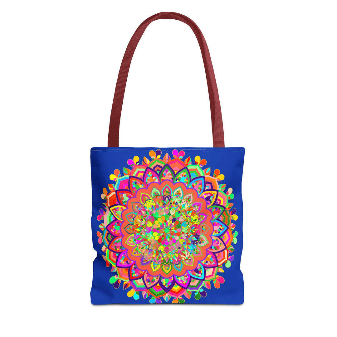 Dark blue tote bag featuring a vibrant, colorful mandala art design