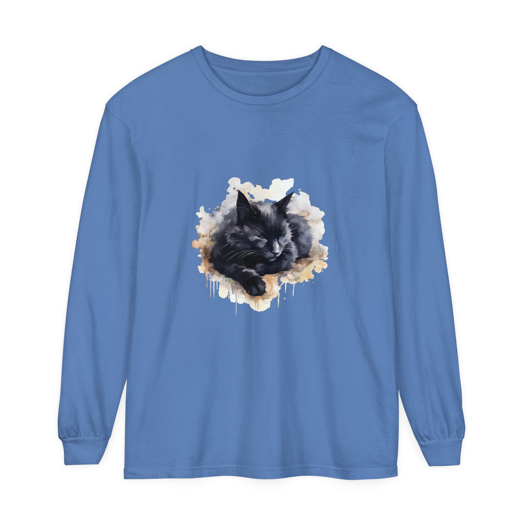 A beautiful watercolor illustration of a peaceful black cat sleeping on a t-shirt