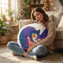 Round floor pillow in Surreal Cozy Cat Comfort design with a blue-purple color palette, featuring a cat motif that morphs into a crescent blanket; lifestyle setting showing cozy lounge use, close-up on the tufted texture and bold colors