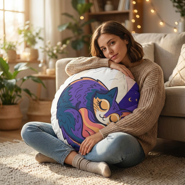 Round floor pillow in Surreal Cozy Cat Comfort design with a blue-purple color palette, featuring a cat motif that morphs into a crescent blanket; lifestyle setting showing cozy lounge use, close-up on the tufted texture and bold colors