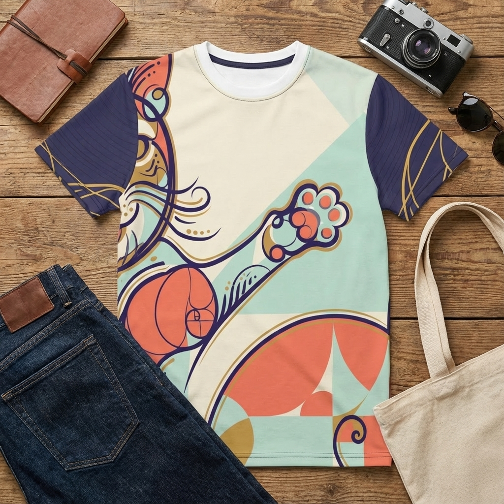 Navy blue t-shirt with a spiral cat design in geometric colors, including pink, yellow, and mint, depicted in a lifestyle studio flatlay for accessibility and SEO.