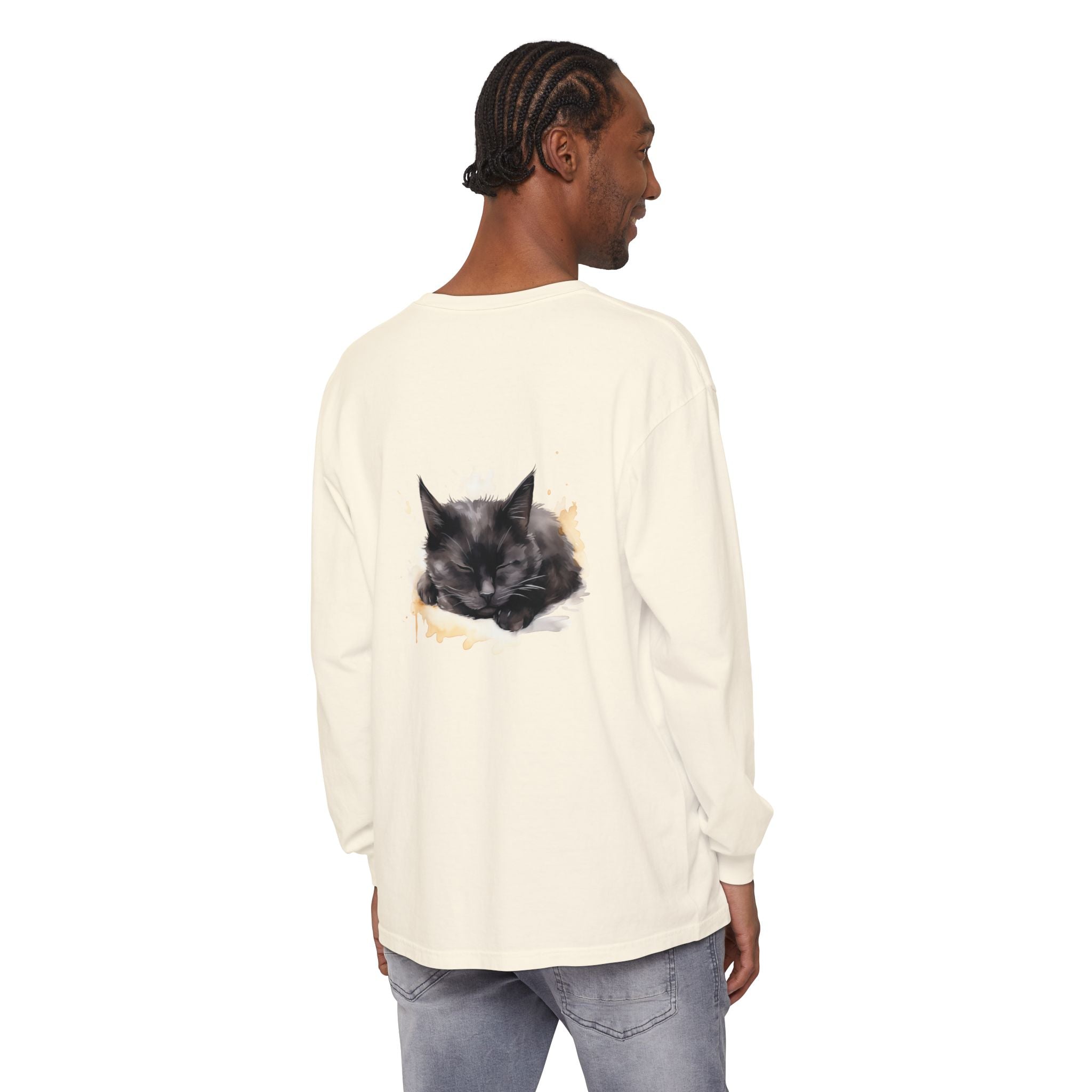 Sleepy Cat Watercolor Long Sleeve T-Shirt