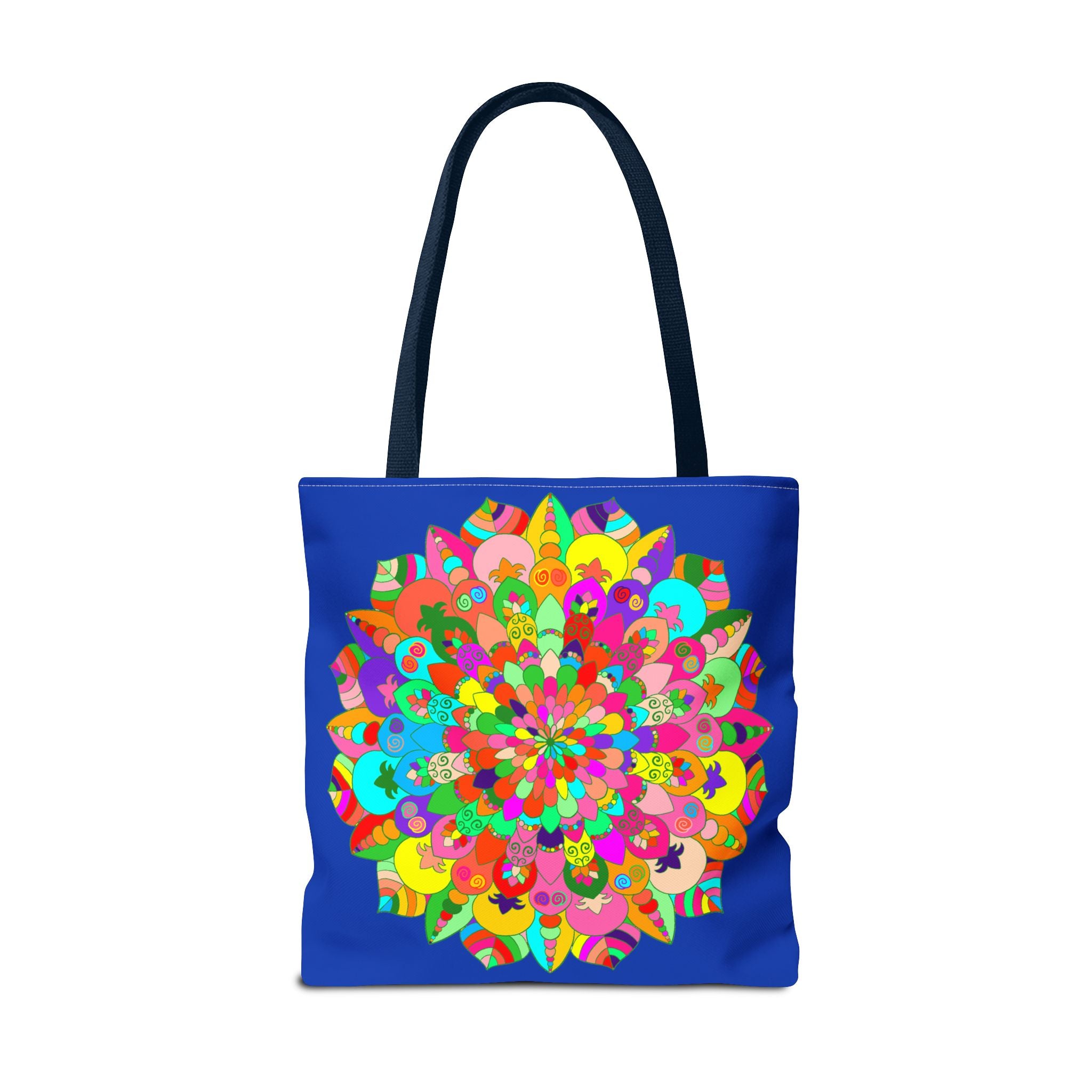 A dark blue tote bag with a colorful mandala art design