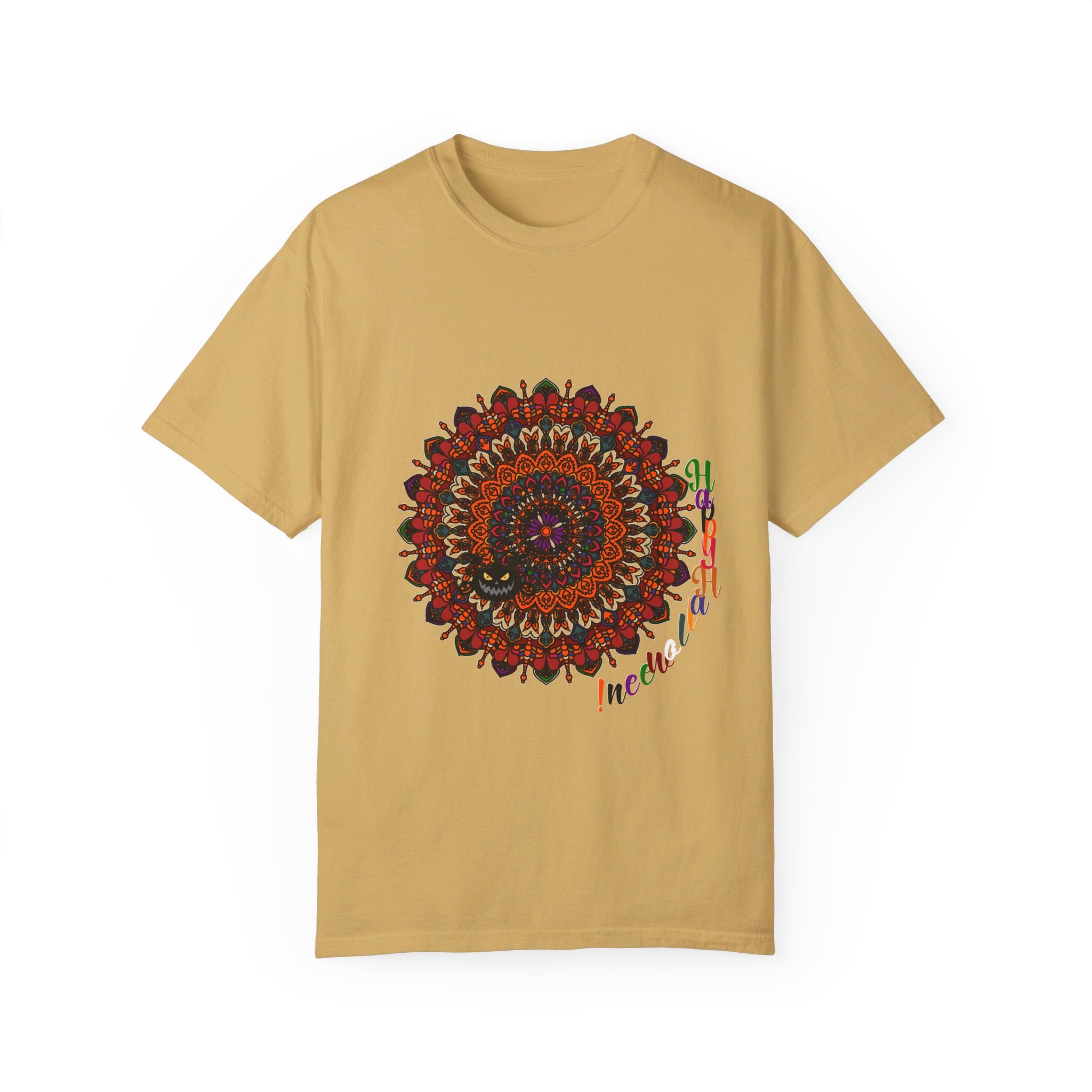 A vibrant, handcrafted unisex t-shirt featuring a pumpkin mandala design, perfect for celebrating Halloween in style