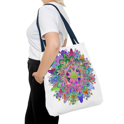 Colorful mandala tote bag featuring a variety of shapes and patterns