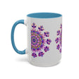 Beautiful handmade ceramic mandala mug with intricate purple and pink floral design