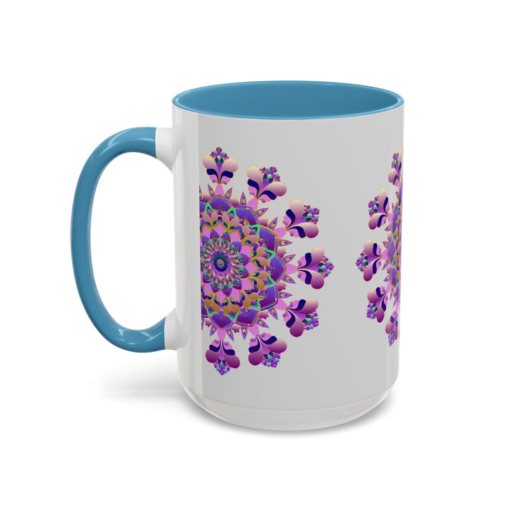 Beautiful handmade ceramic mandala mug with intricate purple and pink floral design