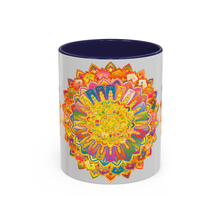 Vibrant and intricate mandala artwork on a grey ceramic mug