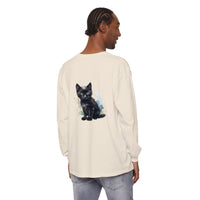 Black watercolor-style kitten illustration on a long sleeve t-shirt