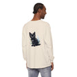 Black watercolor-style kitten illustration on a long sleeve t-shirt