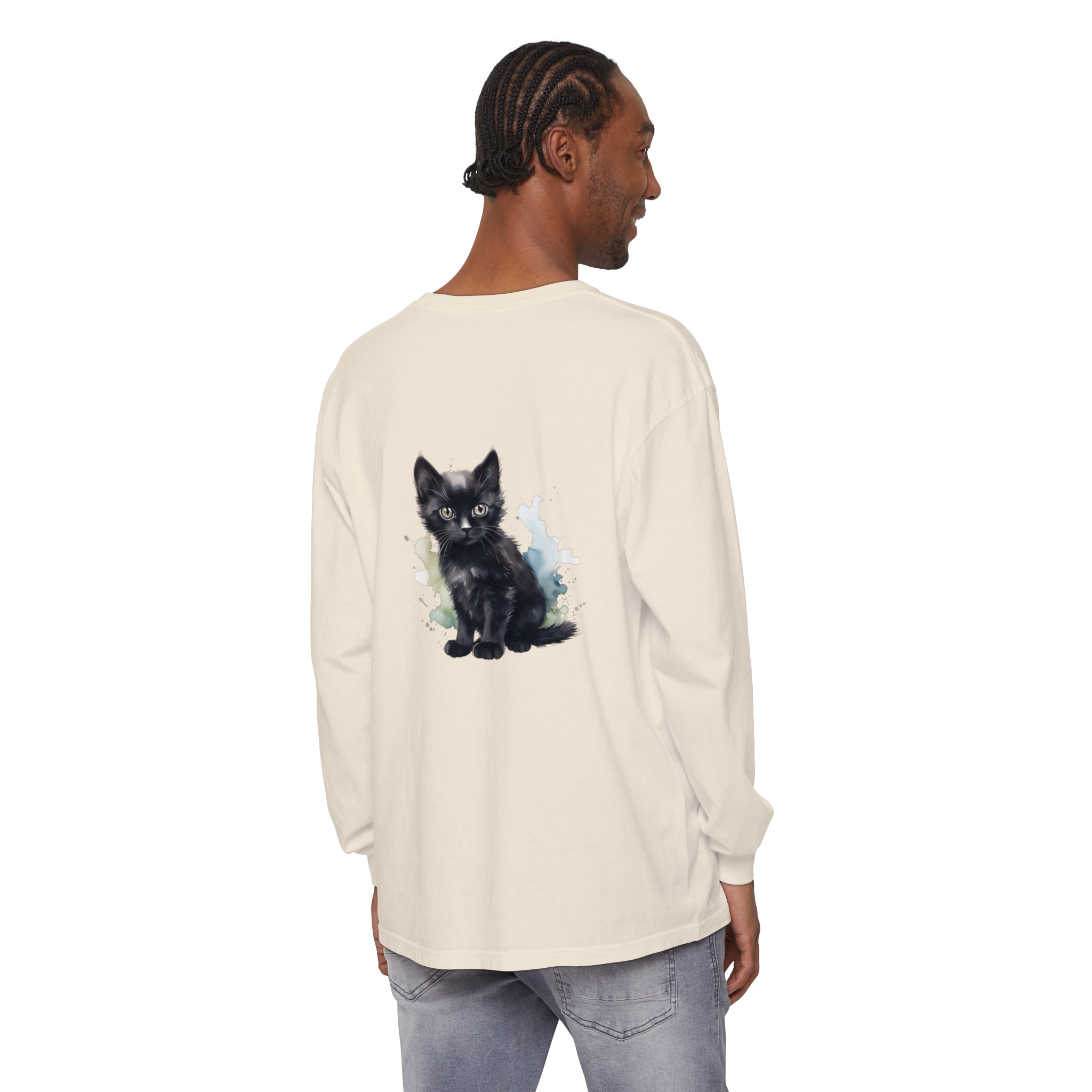 Black watercolor-style kitten illustration on a long sleeve t-shirt