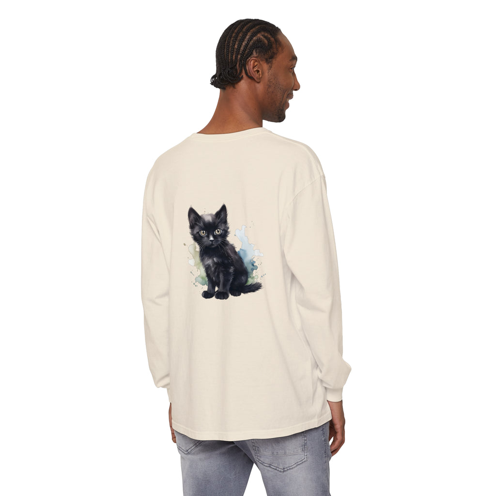 Black watercolor-style kitten illustration on a long sleeve t-shirt