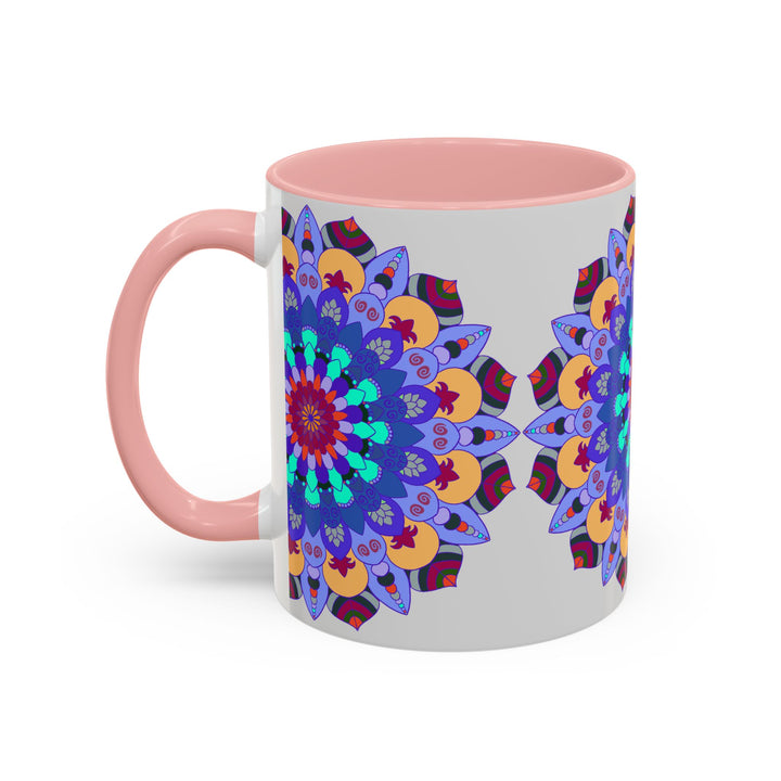 A vibrant and intricate mandala art design adorns a ceramic mug