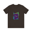 A black t-shirt with a neon-colored mystery cat design