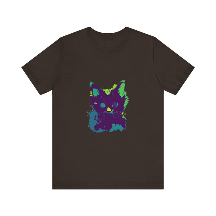 A black t-shirt with a neon-colored mystery cat design