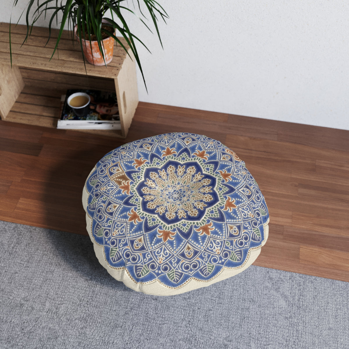 Round Floor Pillow – Blue Mandala Batik Meditation Cushion