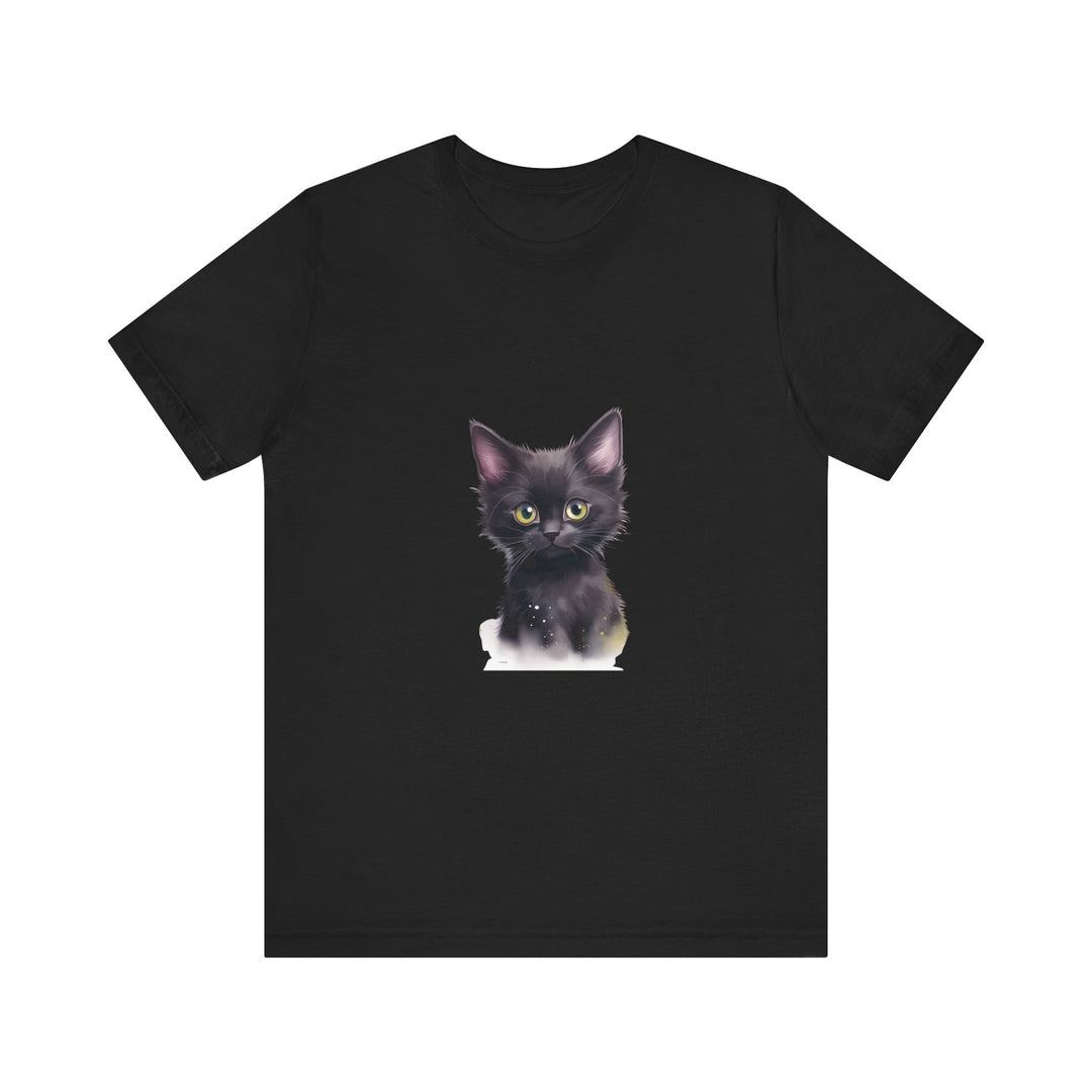 A black cat with glowing green eyes sits in front of a moon on a mystical kitten tee, perfect for cat lovers