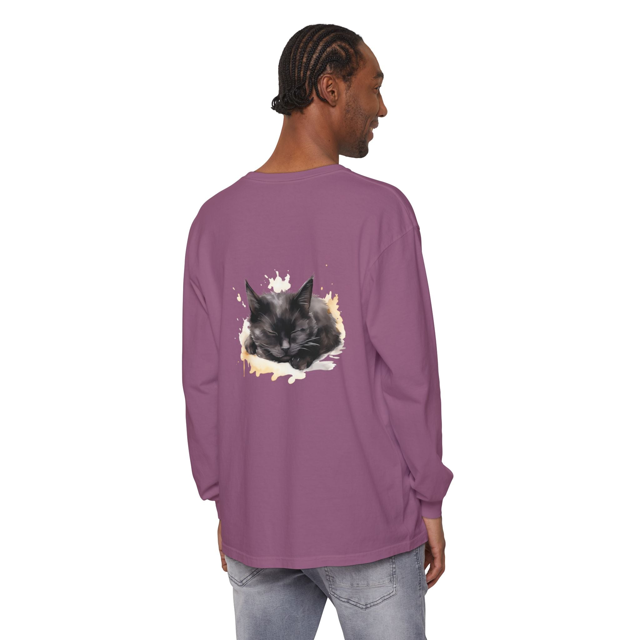 Sleepy Cat Watercolor Long Sleeve T-Shirt