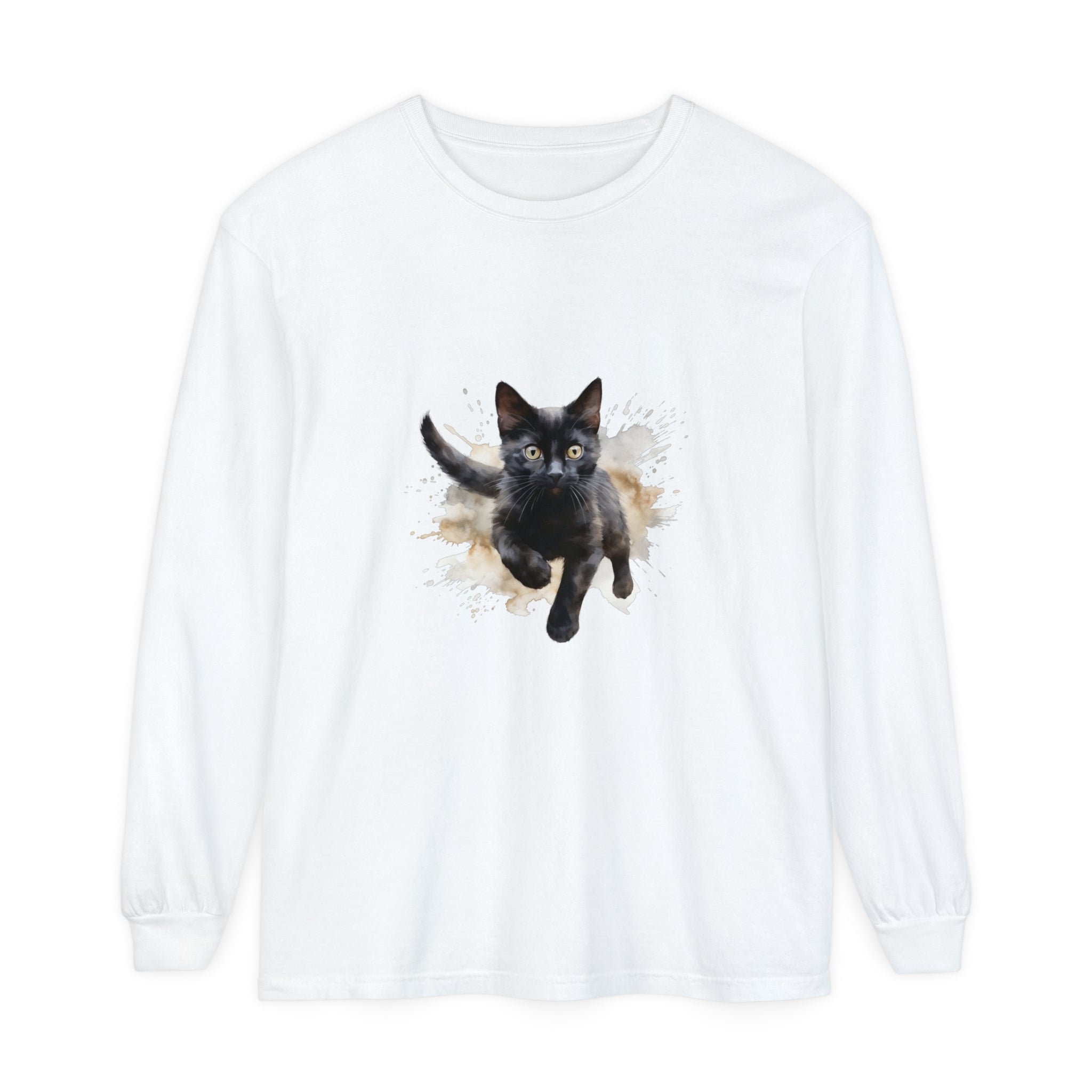 A black cat watercolor splash t-shirt with vibrant and playful design