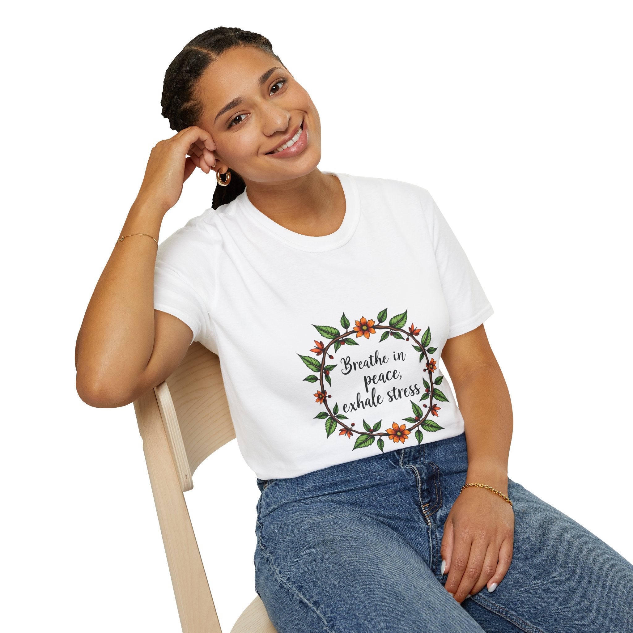 A beautiful floral garland t-shirt with the words Breathe in Peace Exhale Stress design