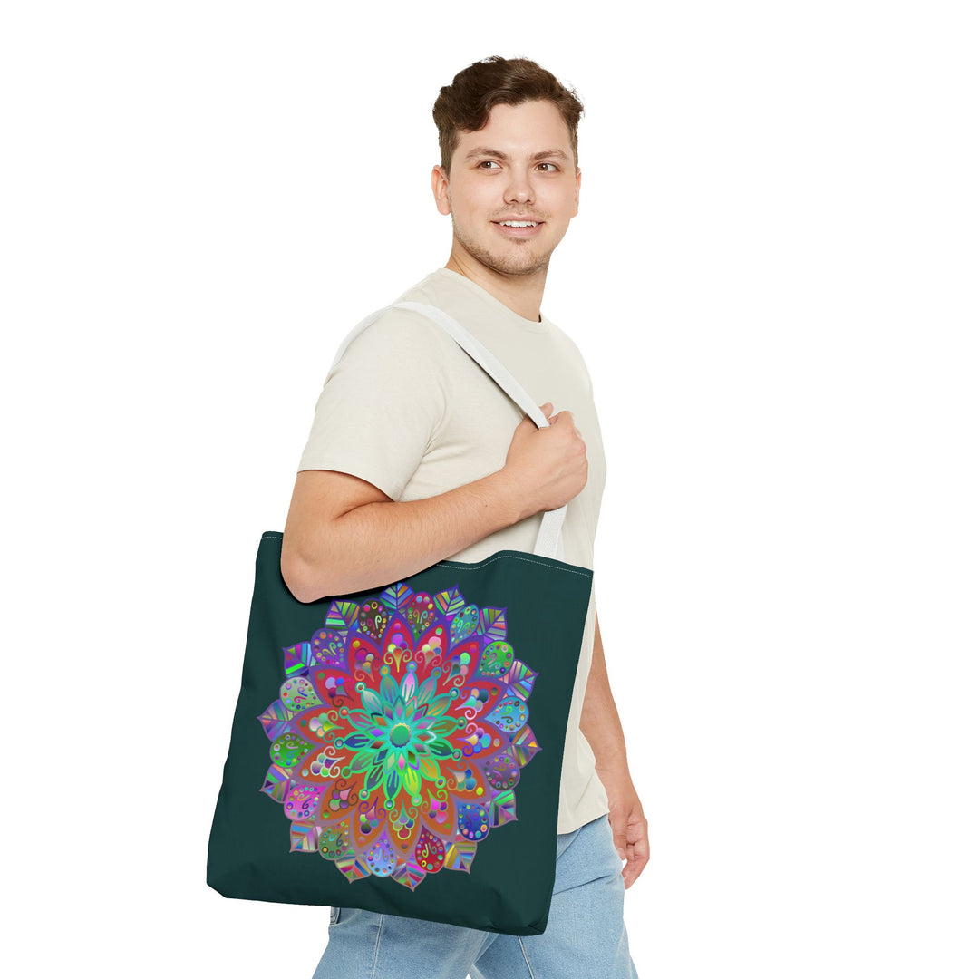 Fashionable dark green tote bag with vibrant and detailed mandala artwork