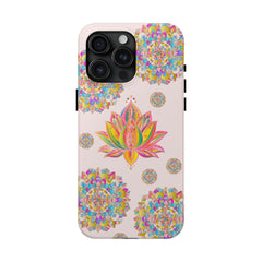 Beautiful light pink phone case featuring a detailed lotus flower mandala design