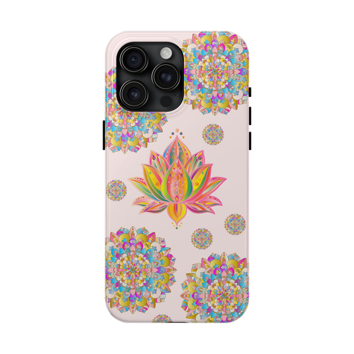 Beautiful light pink phone case featuring a detailed lotus flower mandala design