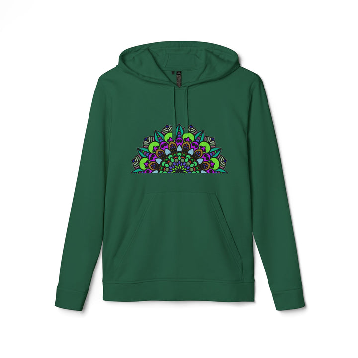 A close-up image of a colorful Psychedelic Mandala Adidas Fleece Hoodie with a hood and front pocket, perfect for adding a vibrant touch to your casual outfit