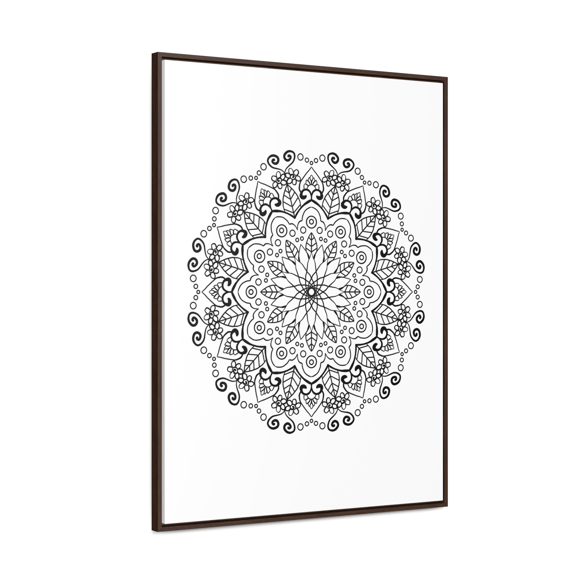 Handmade black and white mandala art on gallery canvas wraps in vertical frame