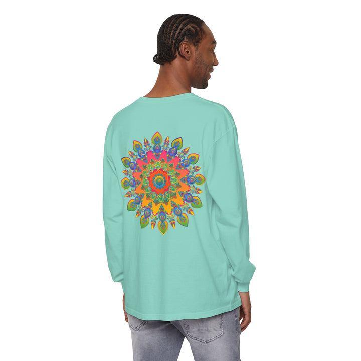 Colorful and intricate mandala design on a unisex long sleeve t-shirt