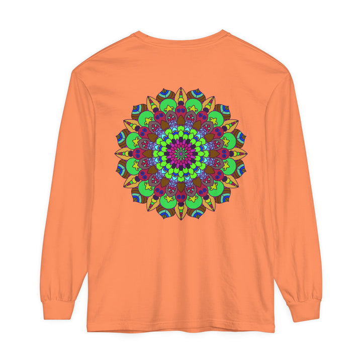 Vibrantly colored mandala design featured on a unisex long sleeve t-shirt