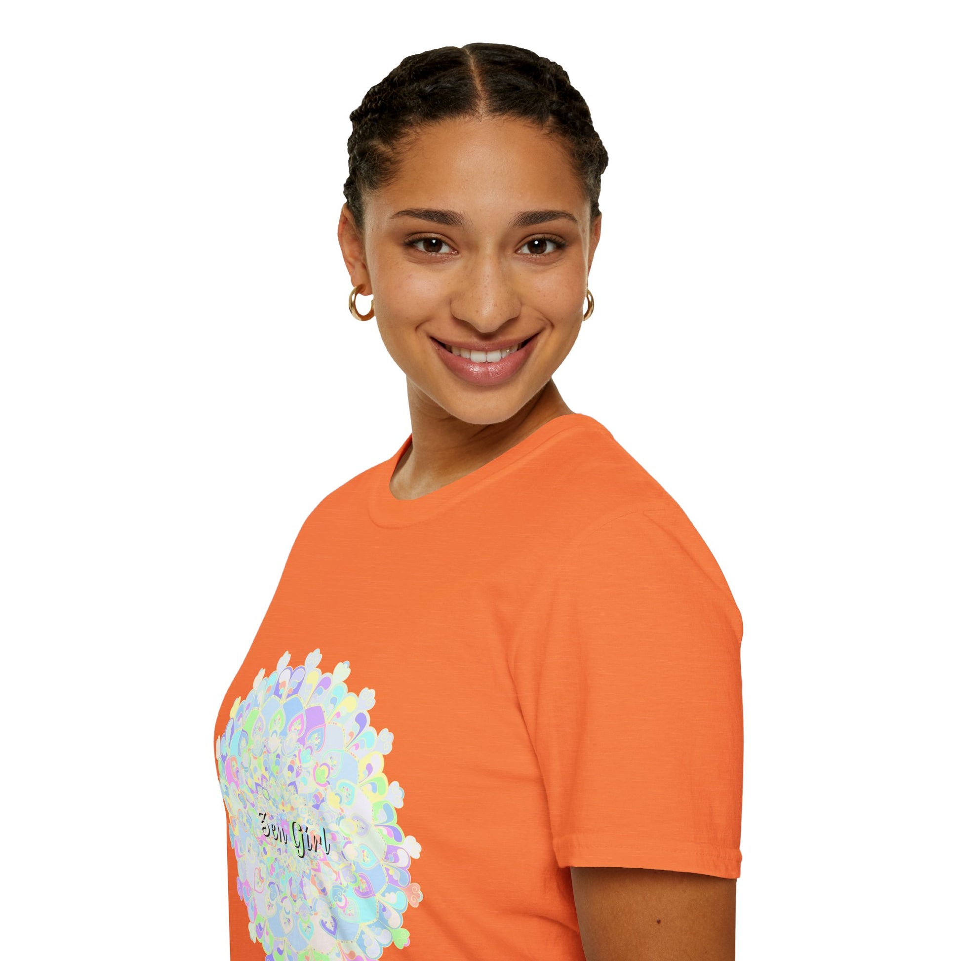 Colorful mandala design printed on a comfortable cotton t-shirt, perfect for adding a unique and artistic touch to your wardrobe