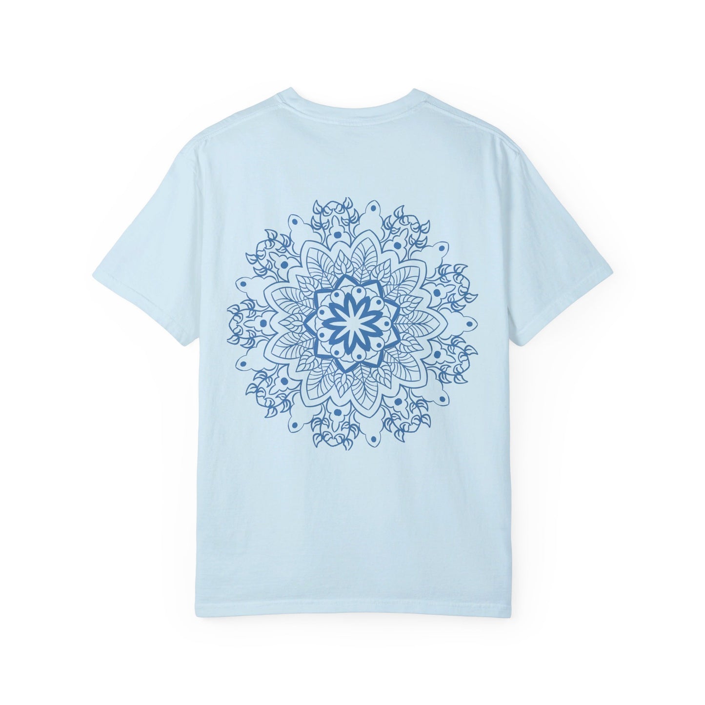 Handmade unisex Mandala Tshirt featuring a unique, hand-drawn Mandala design and garment-dyed for a vibrant, long-lasting finish