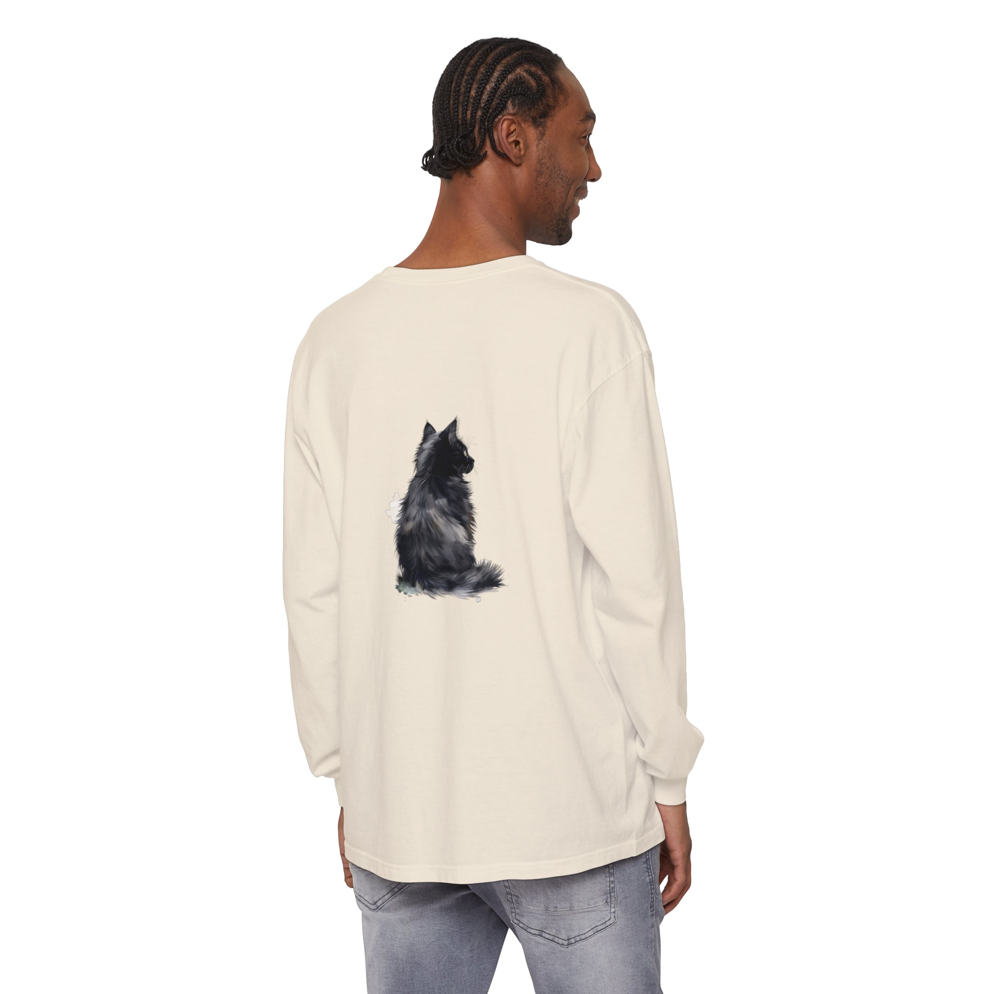 Beautiful watercolor illustration of a black and white cat on a long sleeve t-shirt