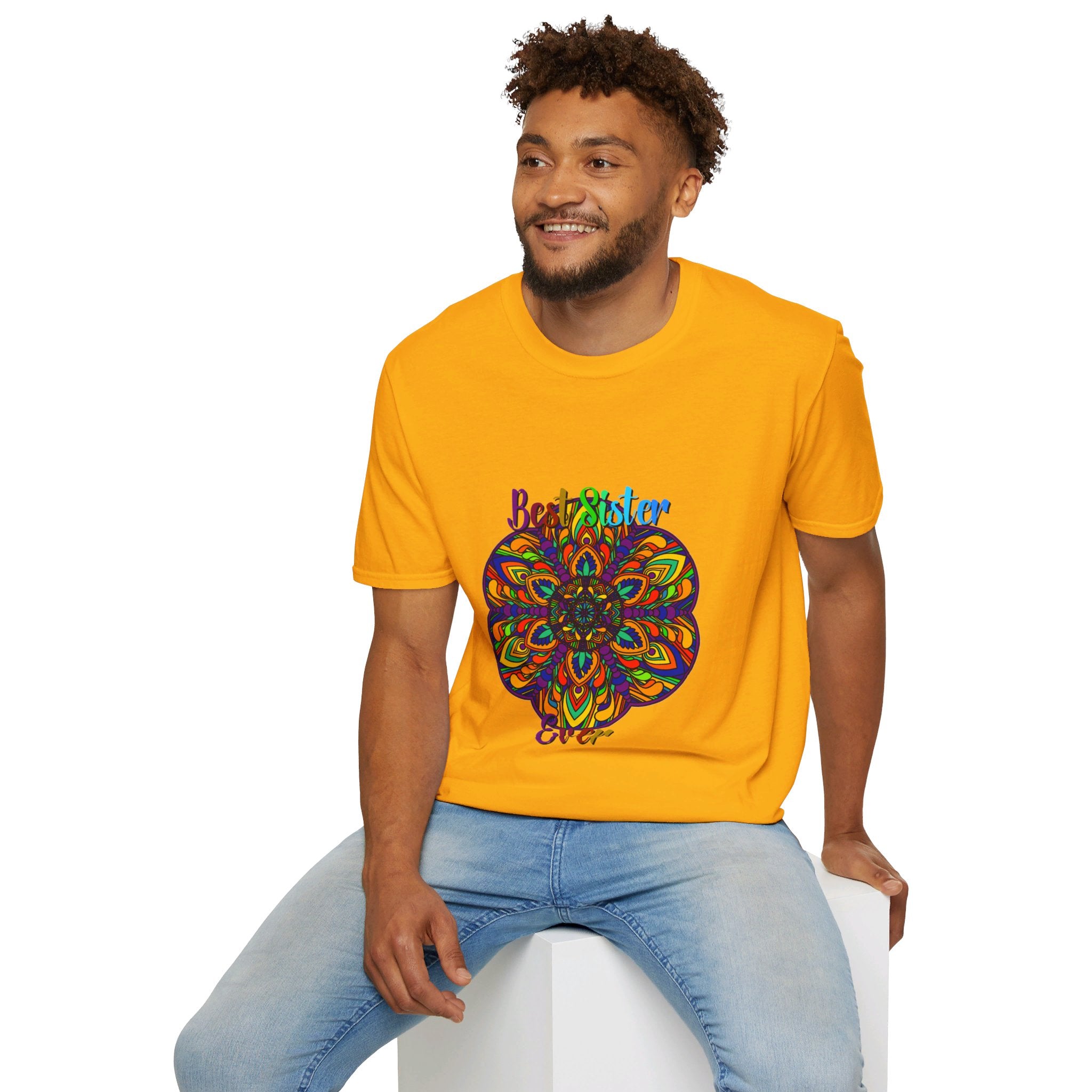 Colorful mandala art gift for sister unisex softstyle t-shirt with hand-drawn design