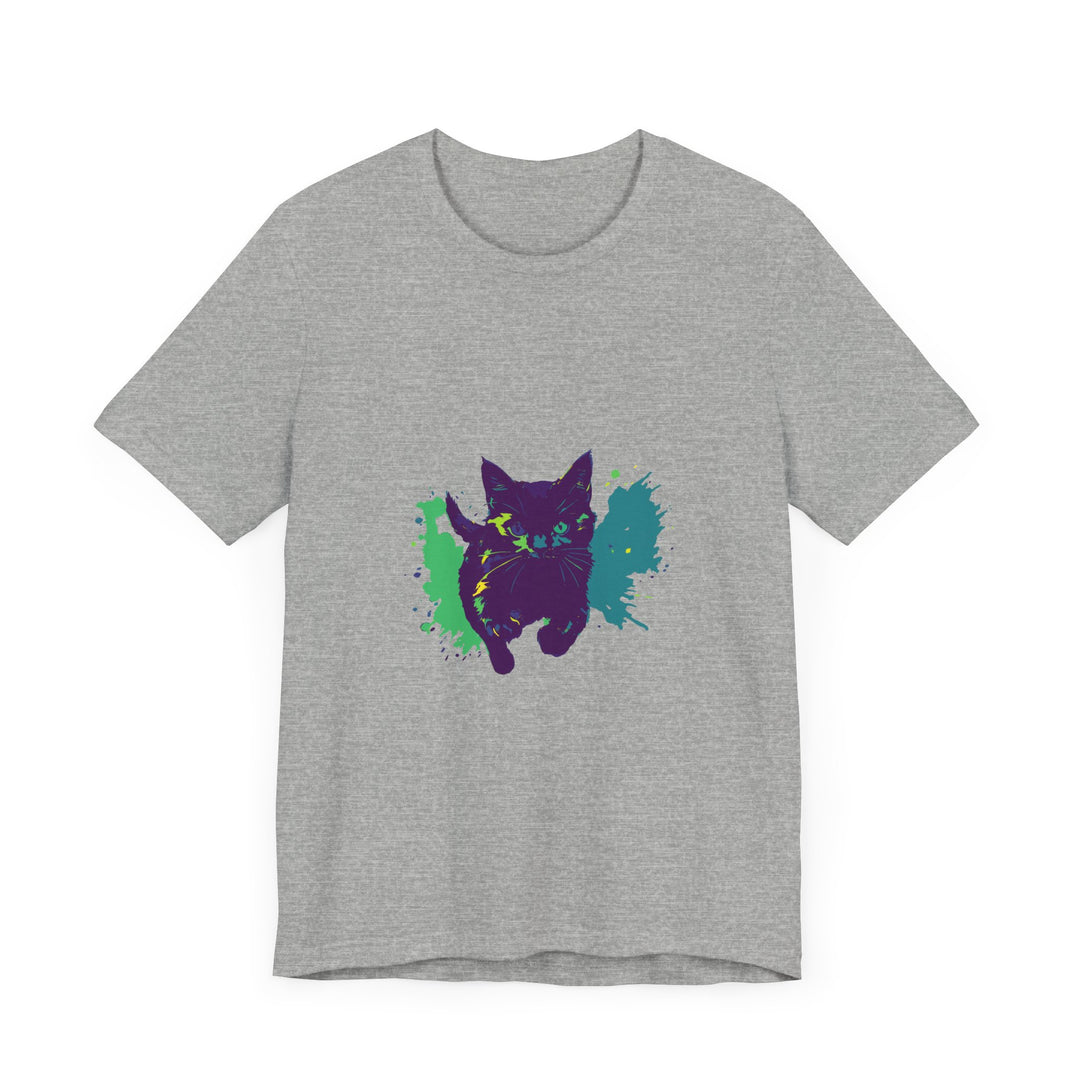 Black Cat Mystery - Colorful Splash T-Shirt featuring a vibrant and eye-catching design with a mysterious black cat surrounded by colorful splashes