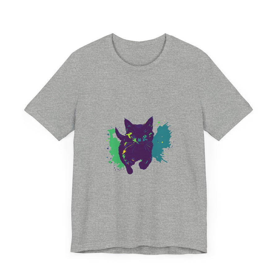 Black Cat Mystery - Colorful Splash T-Shirt featuring a vibrant and eye-catching design with a mysterious black cat surrounded by colorful splashes