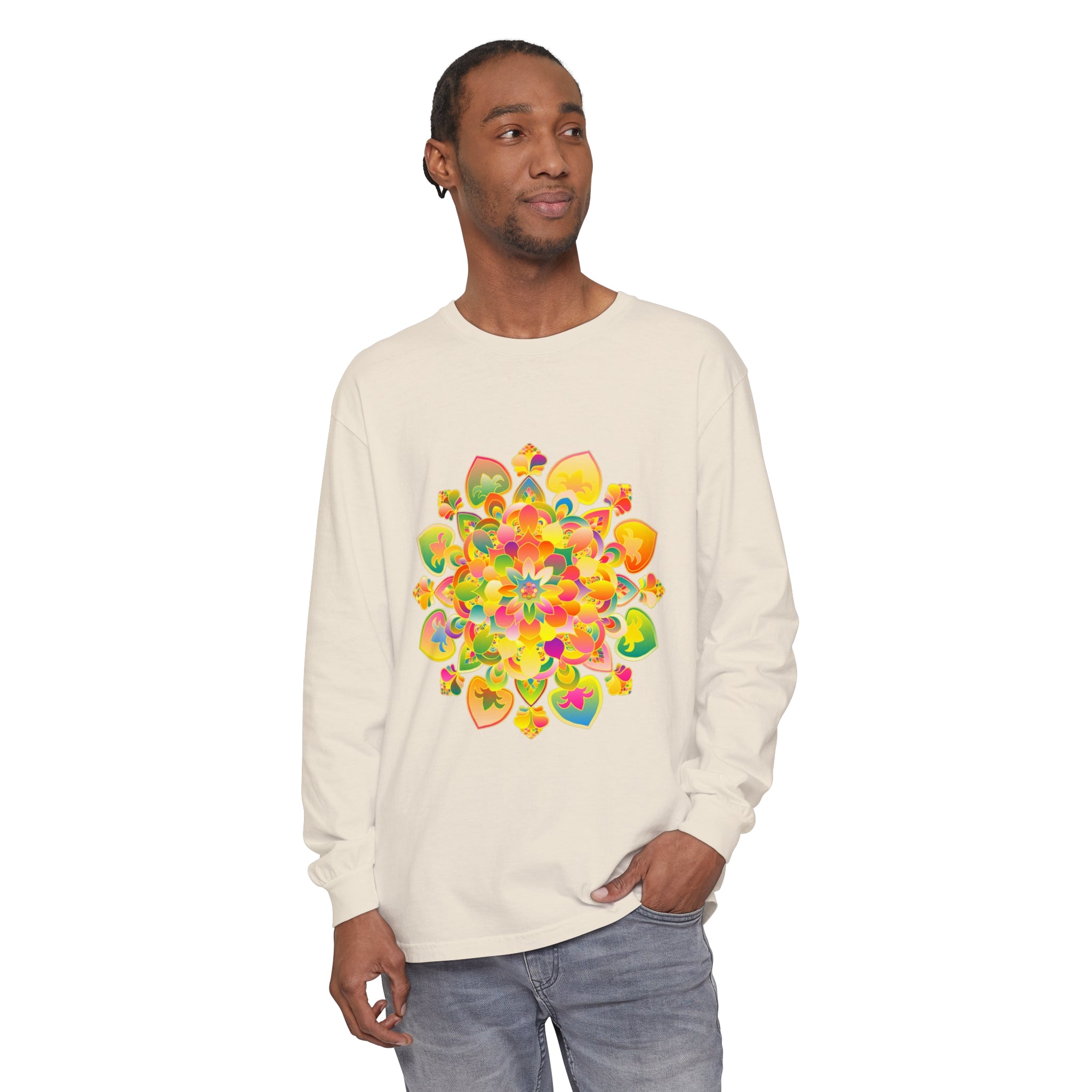 Colorful and intricate psychedelic mandala design on a long sleeve t-shirt