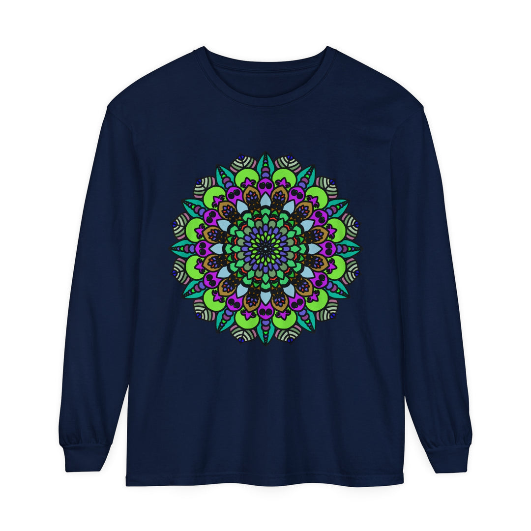 Colorful and intricate psychedelic mandala design on a unisex long sleeve t-shirt