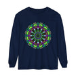 Colorful and intricate psychedelic mandala design on a unisex long sleeve t-shirt