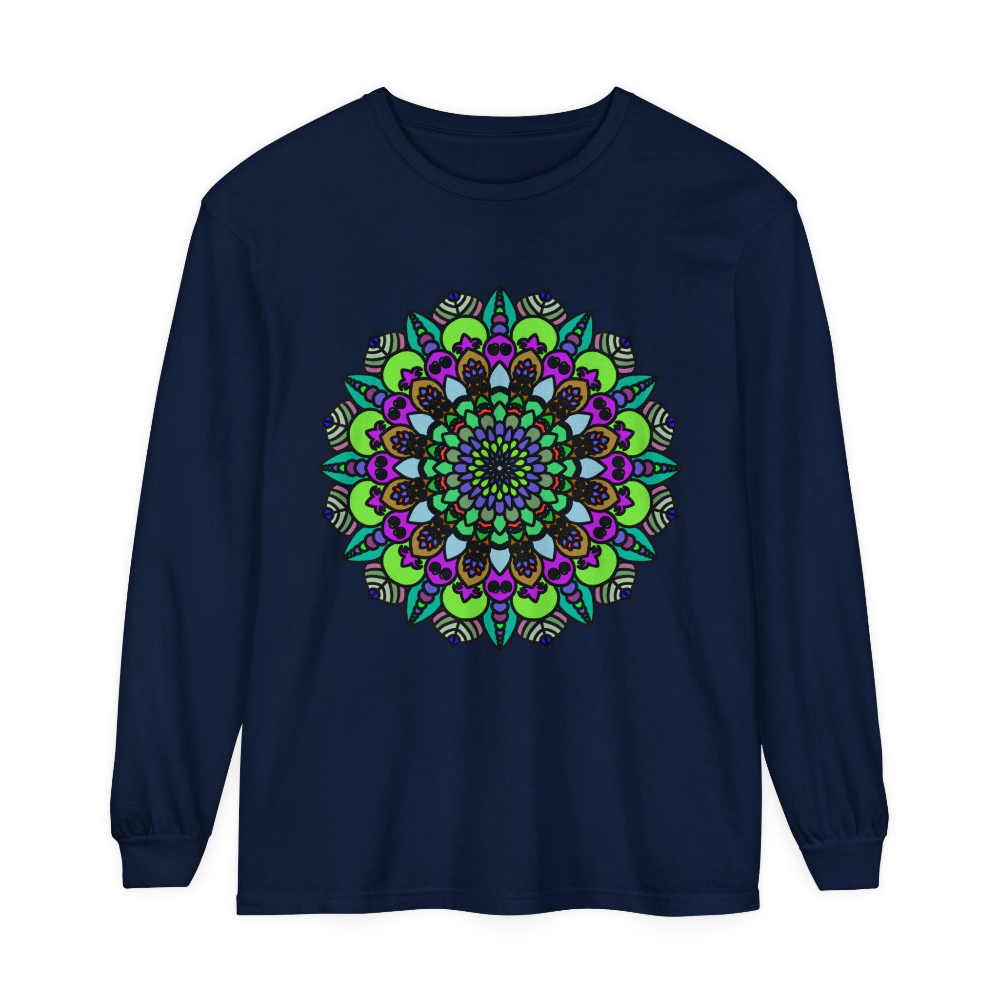 Colorful and intricate psychedelic mandala design on a unisex long sleeve t-shirt