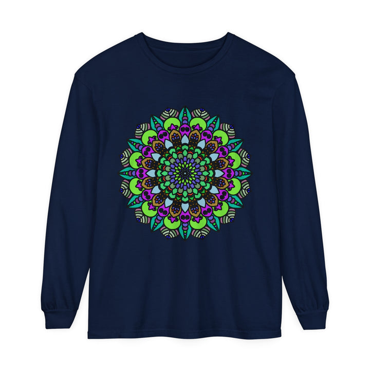 Colorful and intricate psychedelic mandala design on a unisex long sleeve t-shirt