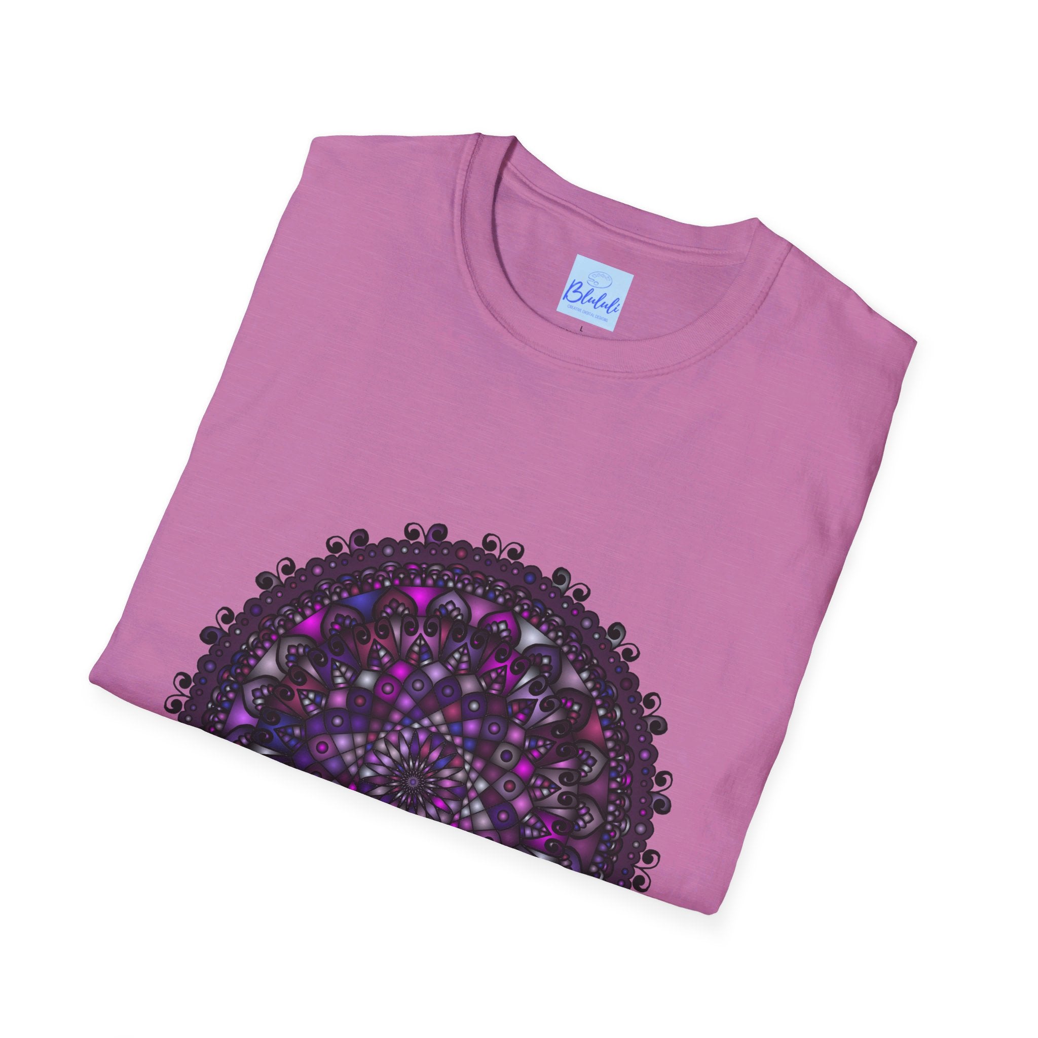 Vibrant purple mandala art unisex softstyle t-shirt with intricate hand-drawn design