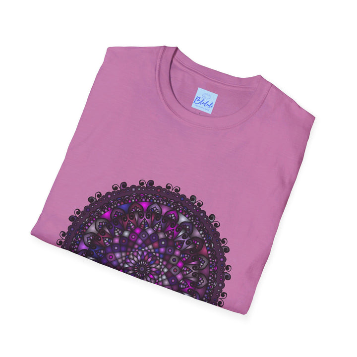 Vibrant purple mandala art unisex softstyle t-shirt with intricate hand-drawn design