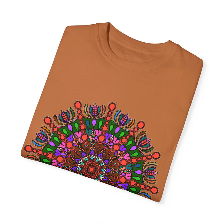 Unisex mandala t-shirt made of 100% ring-spun cotton, featuring hand-drawn mandala art and garment-dyed for extra comfort