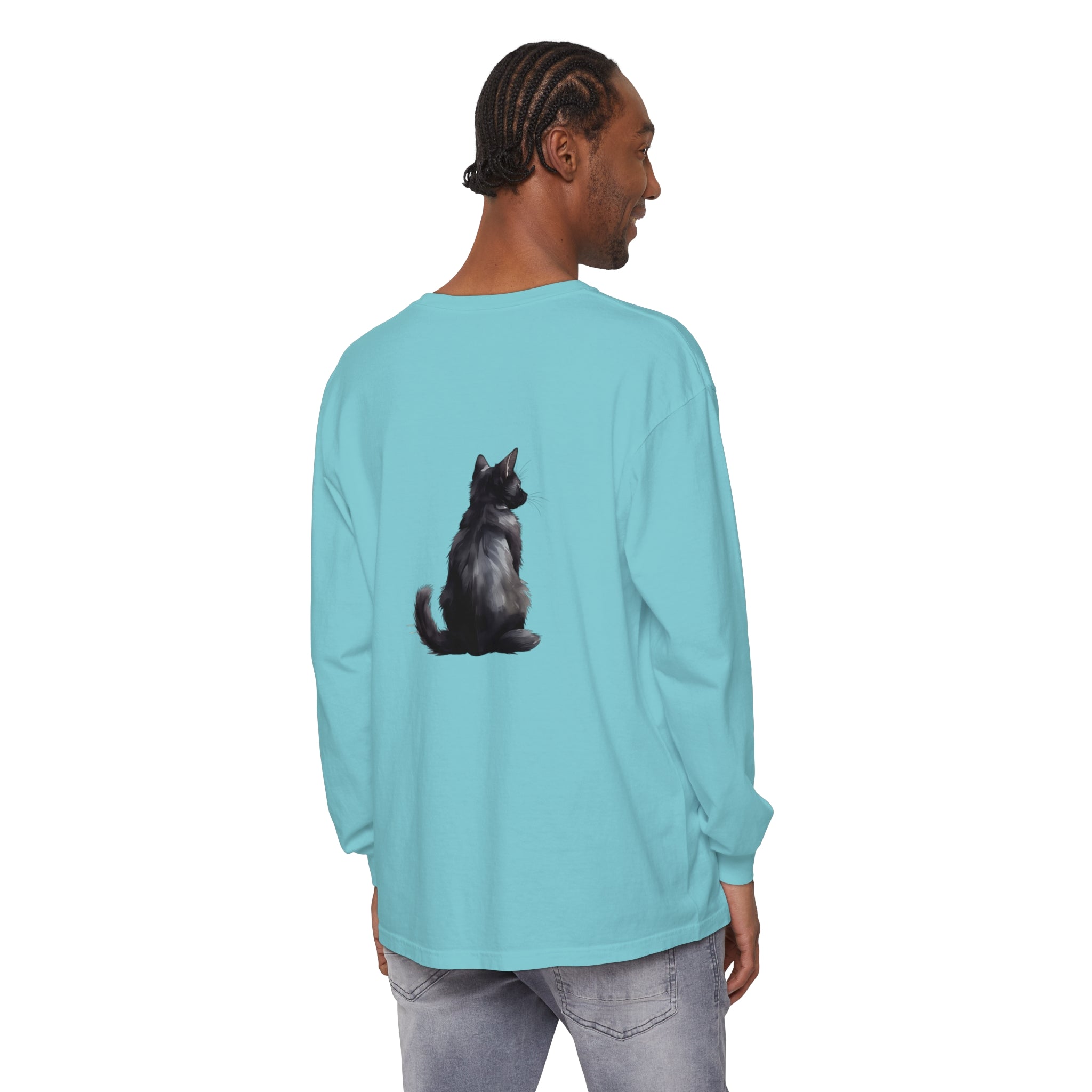 Black Cat Mystery unisex long sleeve tee in black with a vibrant, detailed cat graphic design