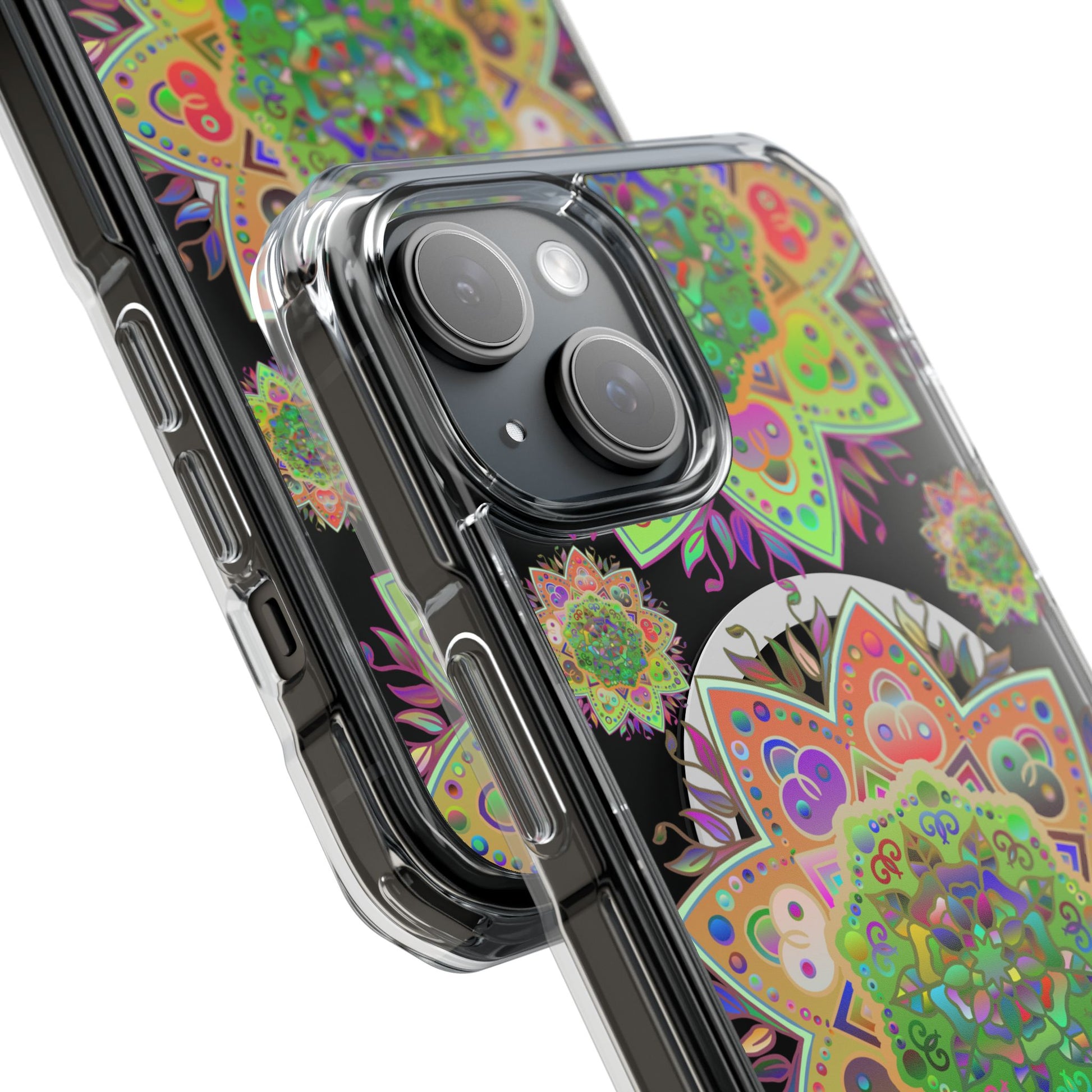 Chic Mandala MagSafe®-Compatible iPhone 14/15 Impact Case with vibrant colors and strong impact protection