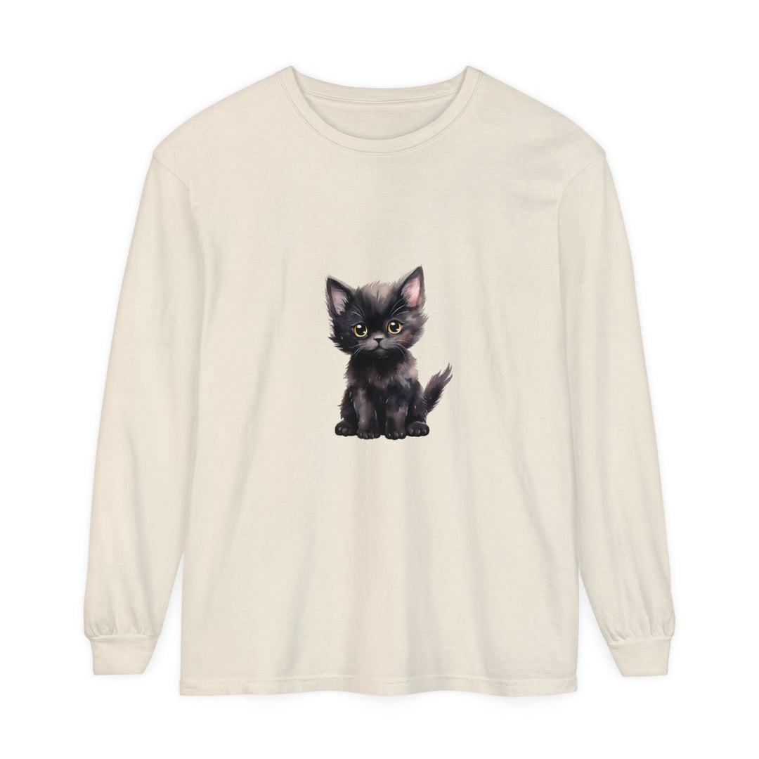 A cute black kitten with striking yellow eyes adorns this long sleeve t-shirt