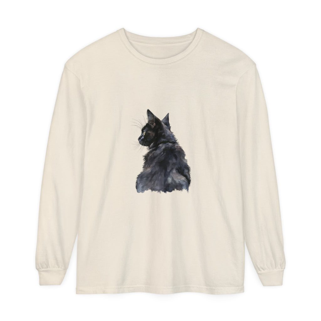 Black Cat Watercolor Long Sleeve T-Shirt with colorful cat design